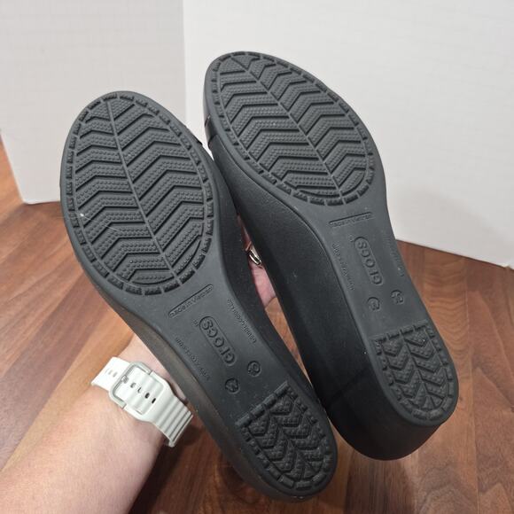 CROCS Black Patent Cap Toe Wedge Platforms High Heels Shoes Womens Sz 10 - Picture 10 of 13